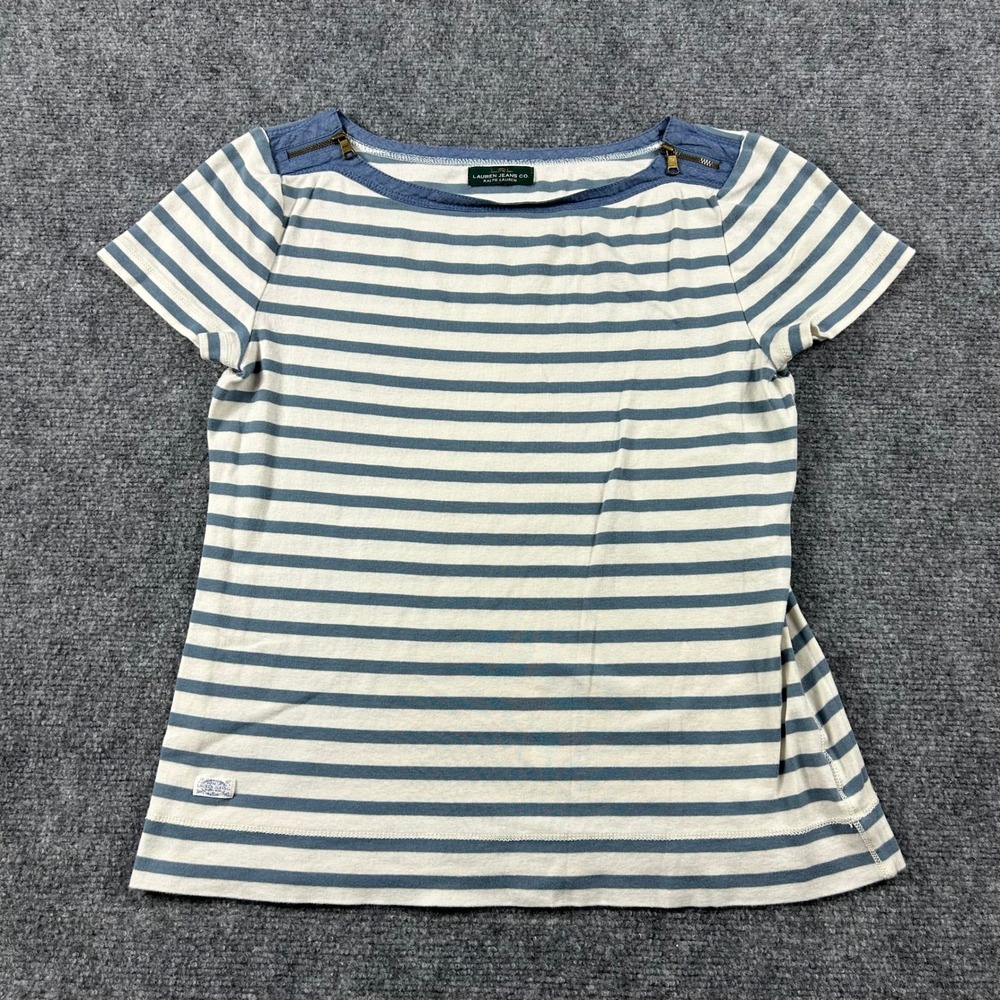 Lauren Ralph Lauren Top Womens Medium Blue White Striped Boat Neck Zipper Accent